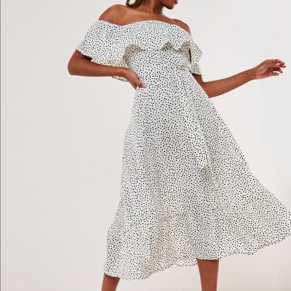 Cream Polka Dot Bardot Frill Dress (Missguided)
